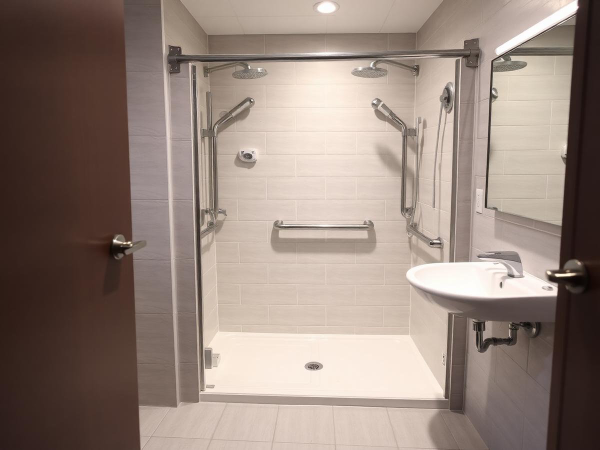 Barrierefreies Badezimmer mit bodengleicher Dusche und Haltegriffen